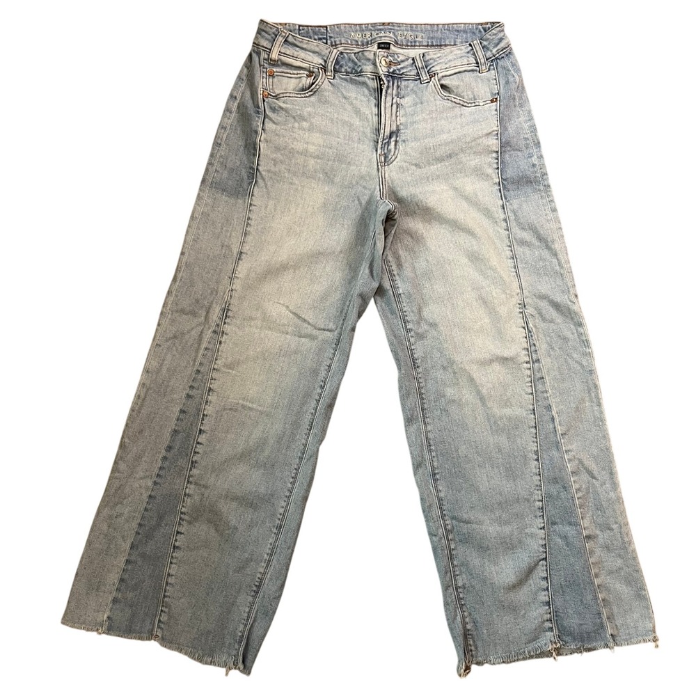 American Eagle Wide Leg Panelled Jeans Light Wash Raw Hem Size 8 Regular‎ Baggy